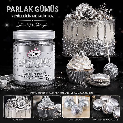 DR GUSTO' YENİLEBİLİR METALİK TOZ GLITTER GÜMÜŞ 50 GR - 2